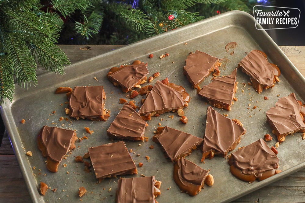 English toffee on a baking sheet. 