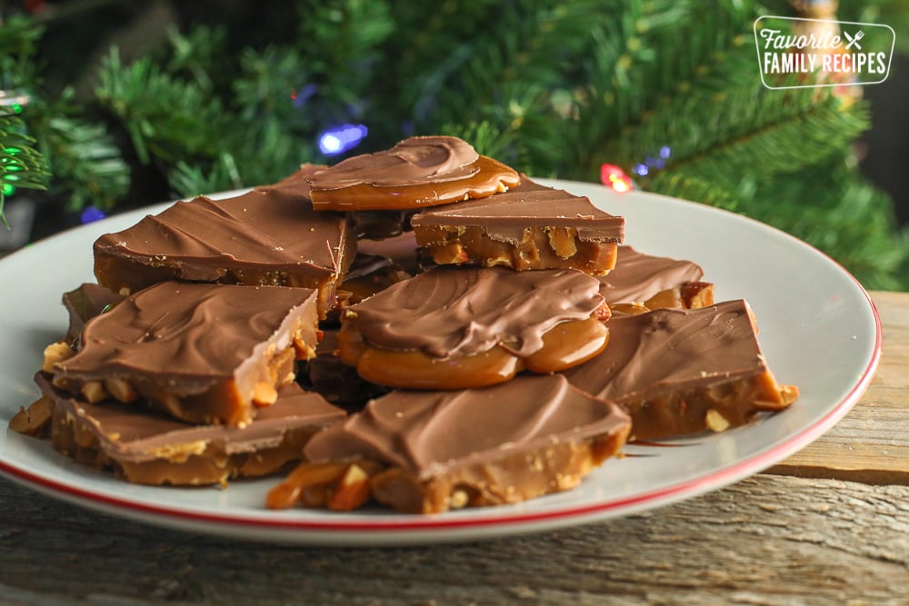 English toffee on a white plate. 