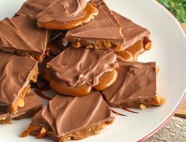 English toffee on a white plate by a tree.