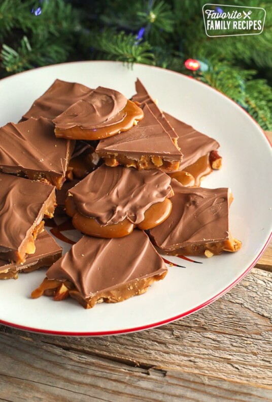 English toffee on a white plate by a tree.