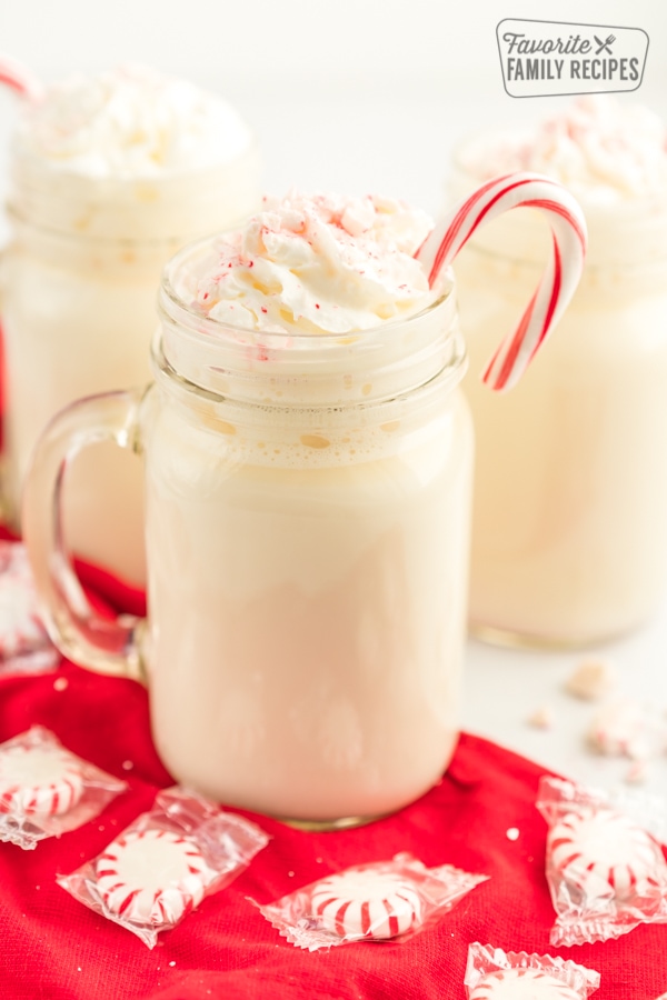 A mug of peppermint hot chocolate with whipped cream and crushed peppermints