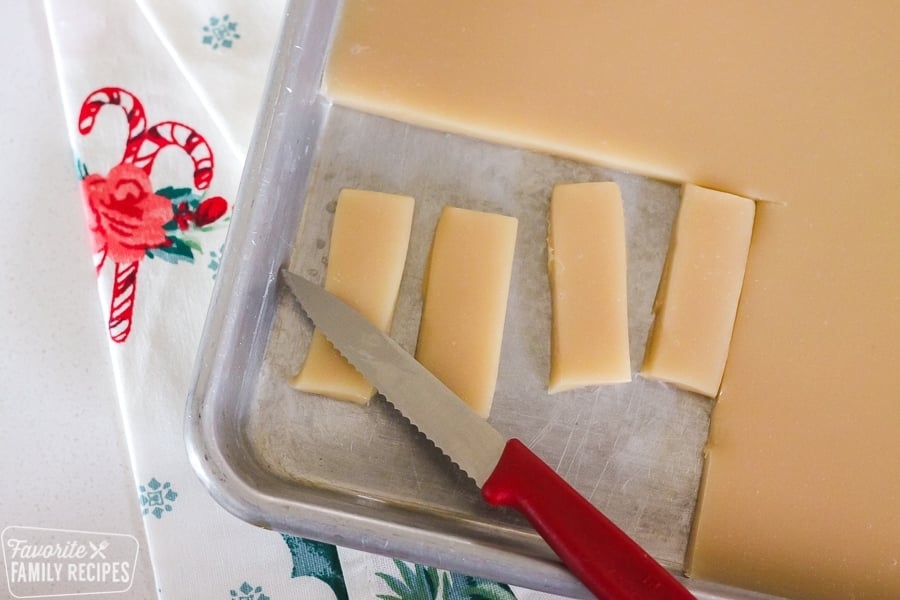 A sheet pan of sliced homemade caramels