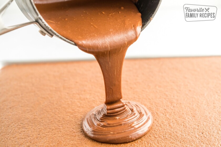 Chocolate frosting being poured onto a cake