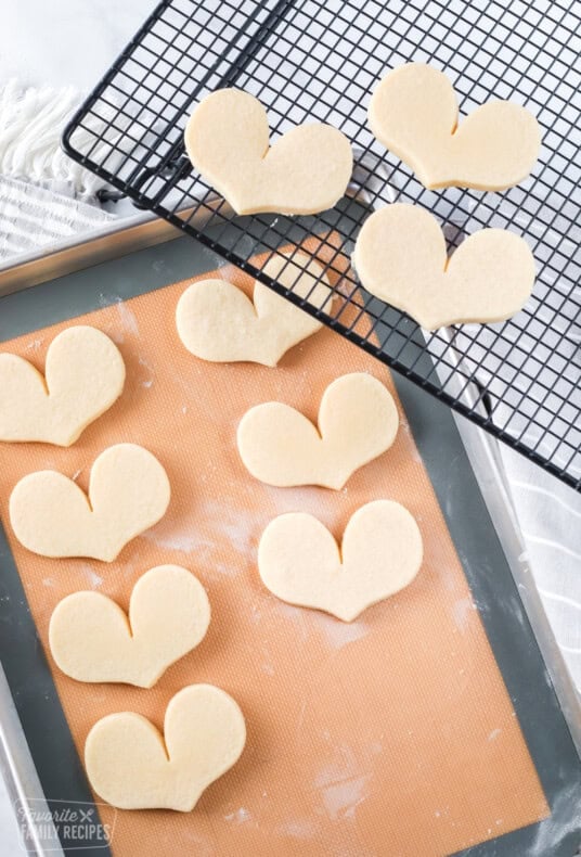 Baked sugar cookies in heart shapes