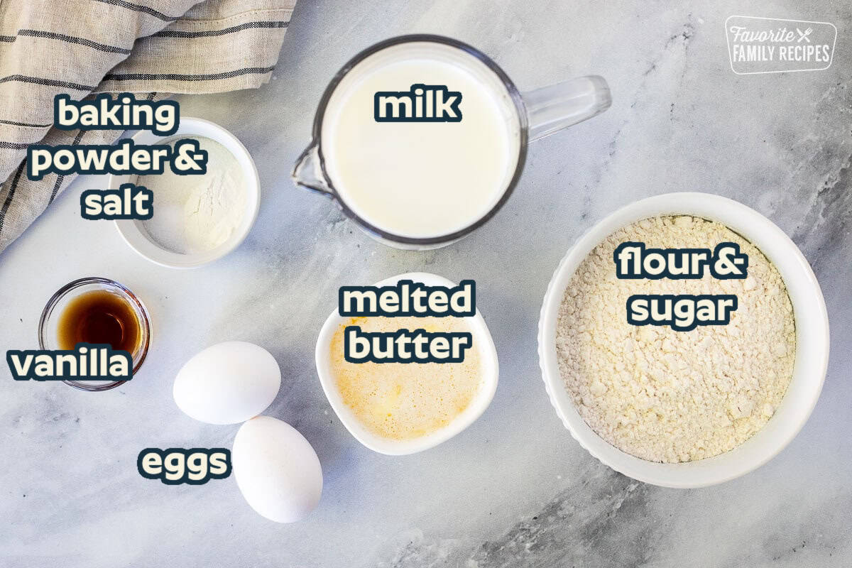 This Easy Waffle Recipe uses simple ingredients from your pantry and can be made in less than 15 minutes. Make up a bunch at once and freeze the rest for later! Ingredients to make homemade waffles, including flour, milk, melted, butter, eggs, vanilla, sugar, baking powder and salt.