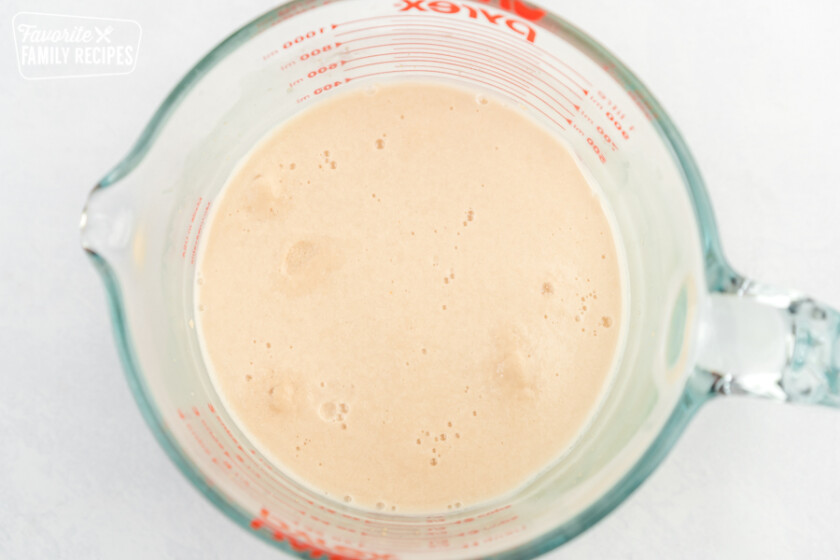 Yeast and water in a glass measuring cup