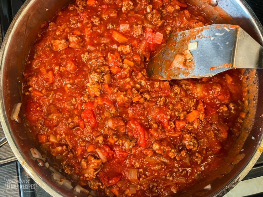 Meaty spaghetti sauce in a pan