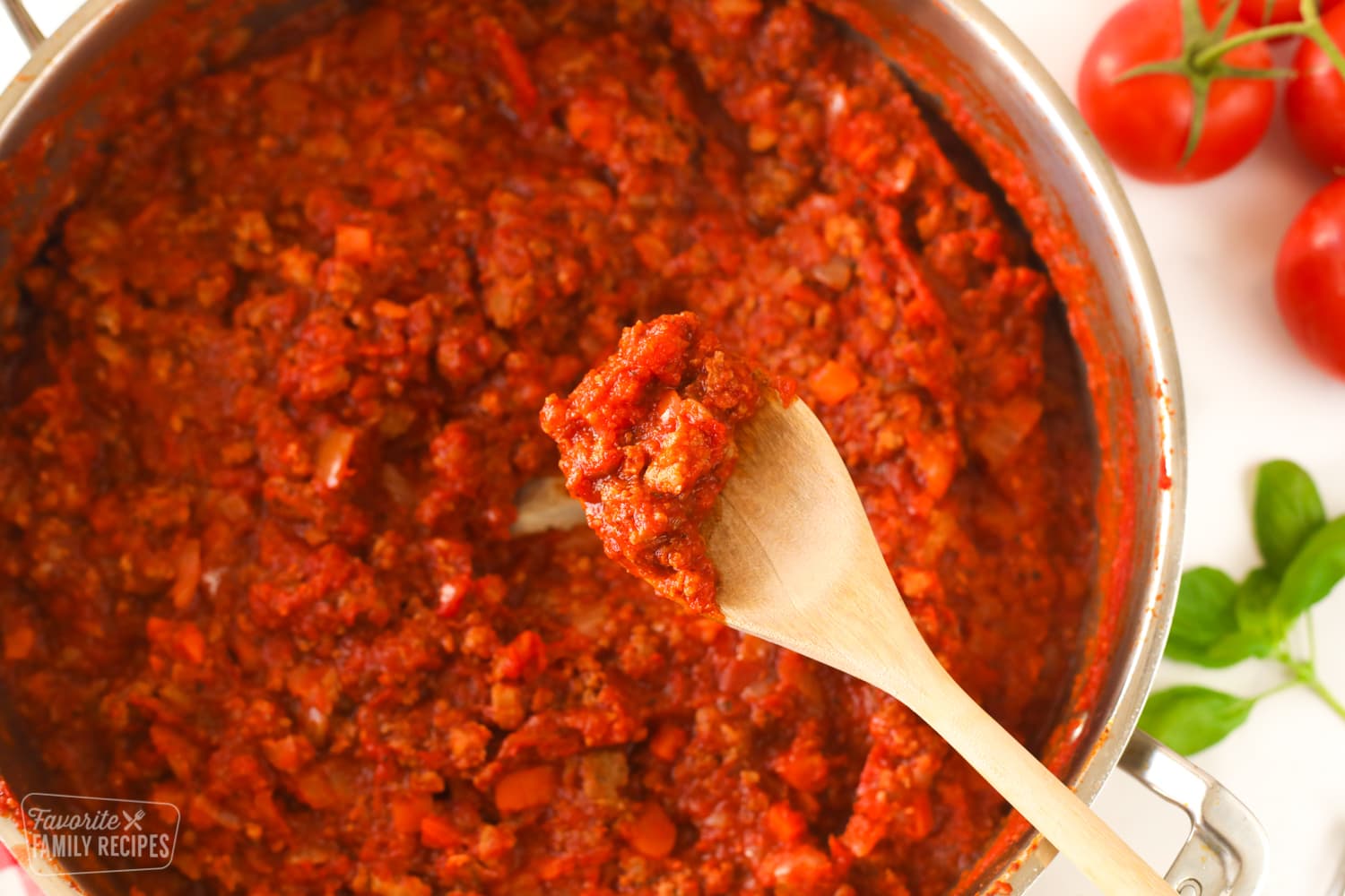 Spaghetti sauce with meat on a spoon