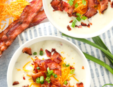 Loaded baked potato soup in bowls