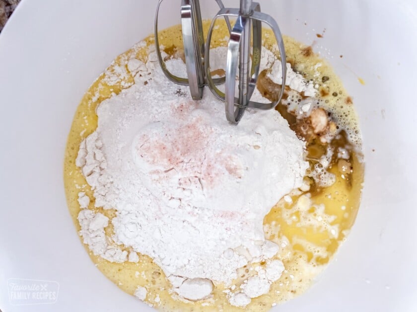 Waffle ingredients in a mixing bowl