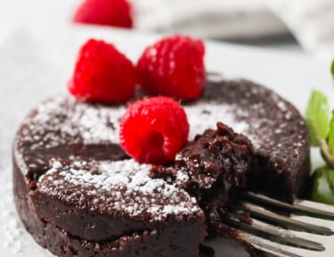 Close up of a fork cutting into a lava cake made in the Instant Pot