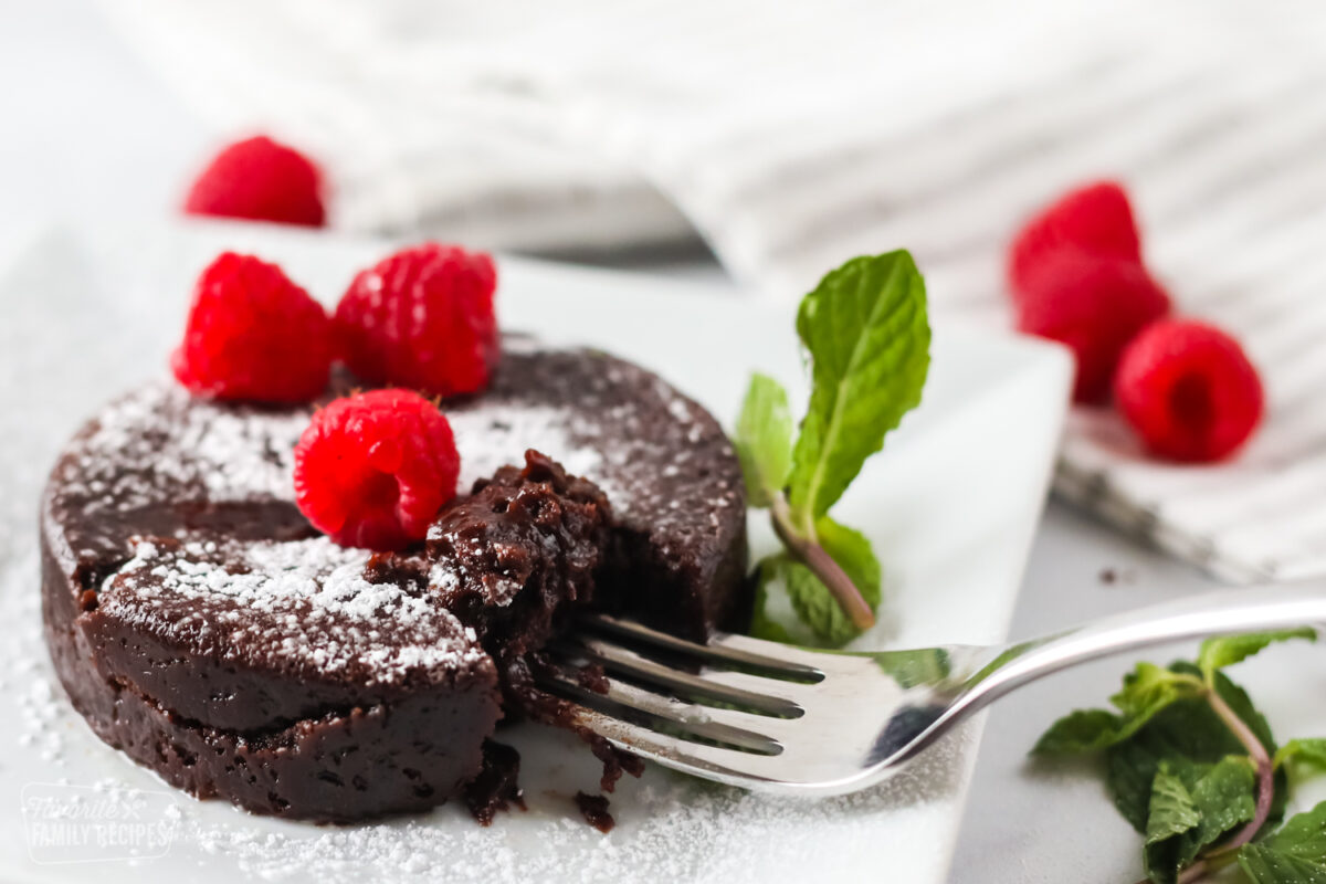 Close up of Instant Pot chocolate lava cake to show gooey texture.