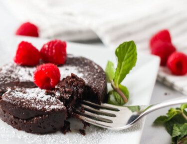 Close up of Instant Pot chocolate lava cake to show gooey texture