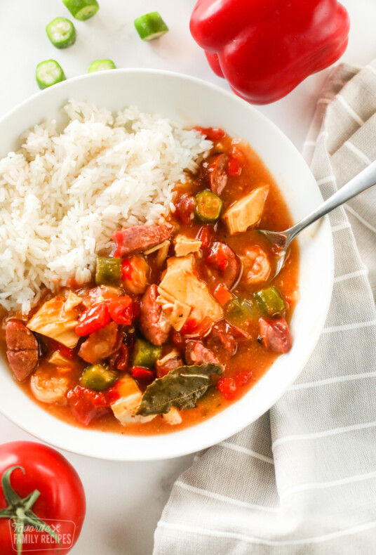 A bowl of Instant Pot gumbo with rice