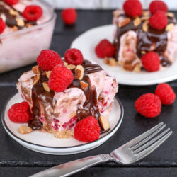 Raspberry Almond Fudge Ice Cream Cake serving on 2 small plates