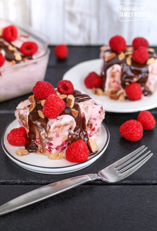 Raspberry Almond Fudge Ice Cream Cake serving on 2 small plates