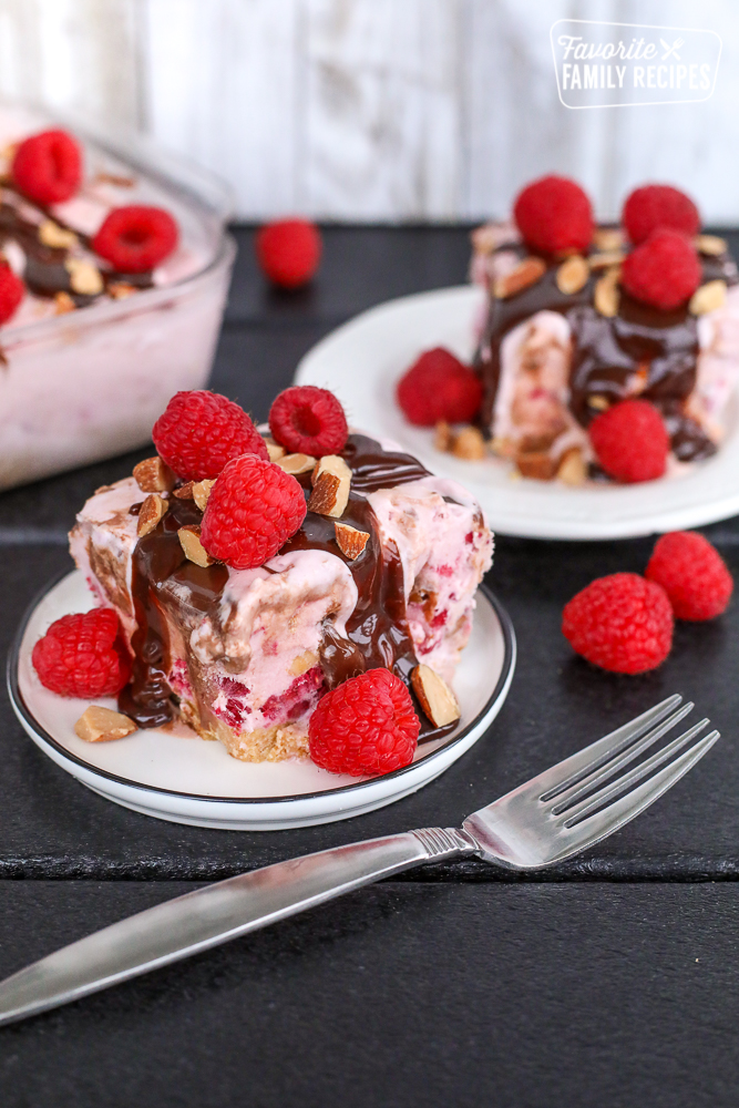 Raspberry Almond Fudge Ice Cream Cake serving on 2 small plates