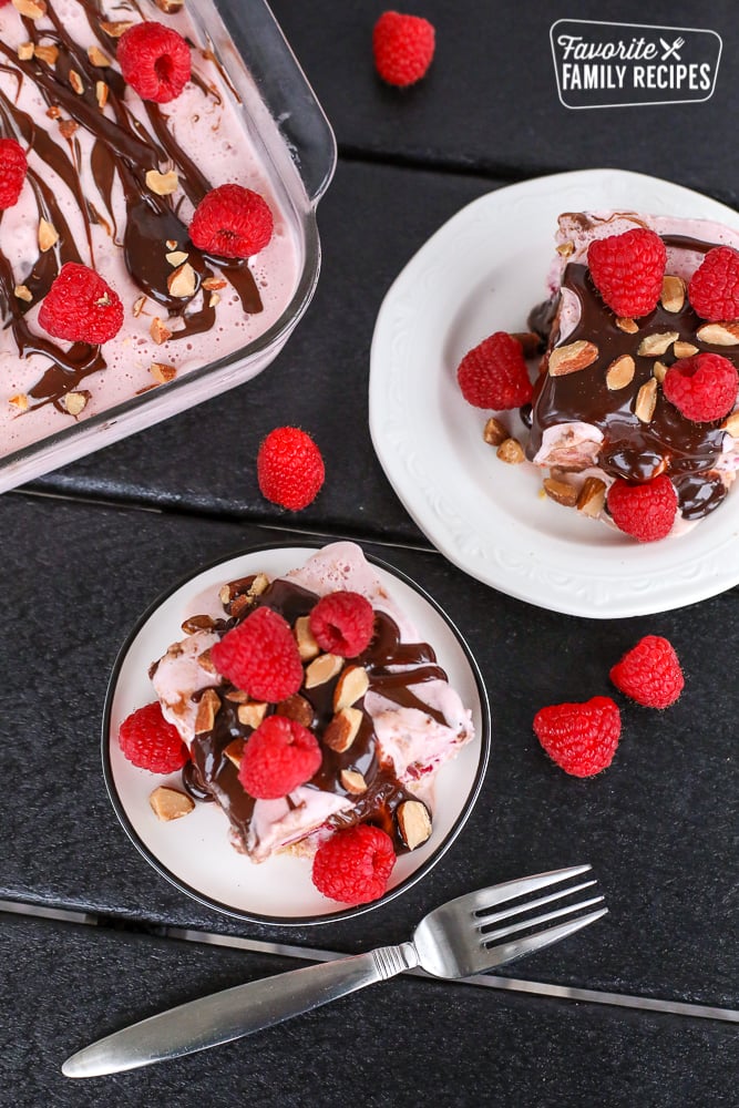 overhead shot of Raspberry Almond Fudge Ice Cream Cake