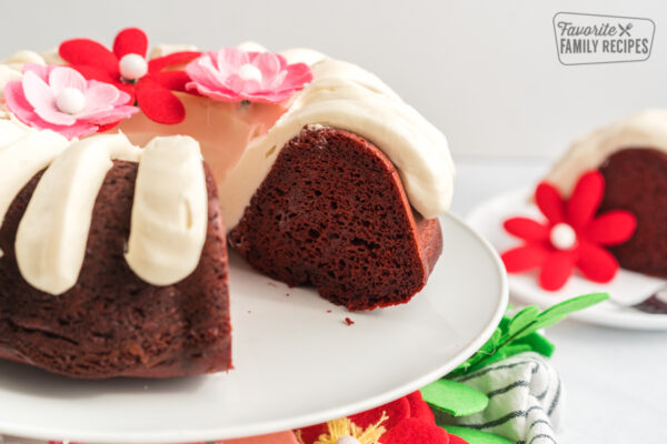 Red Velvet Bundt Cake on a cake plate