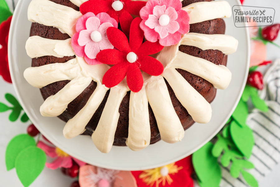 Red Velvet Bundt Cake on white plate. 