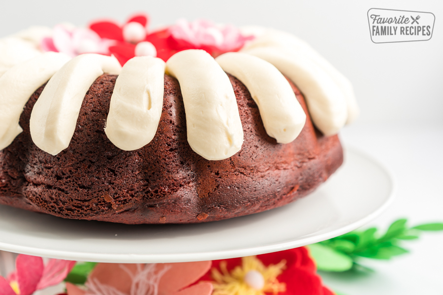 Cream Cheese Frosting on red velvet bundt cake. 