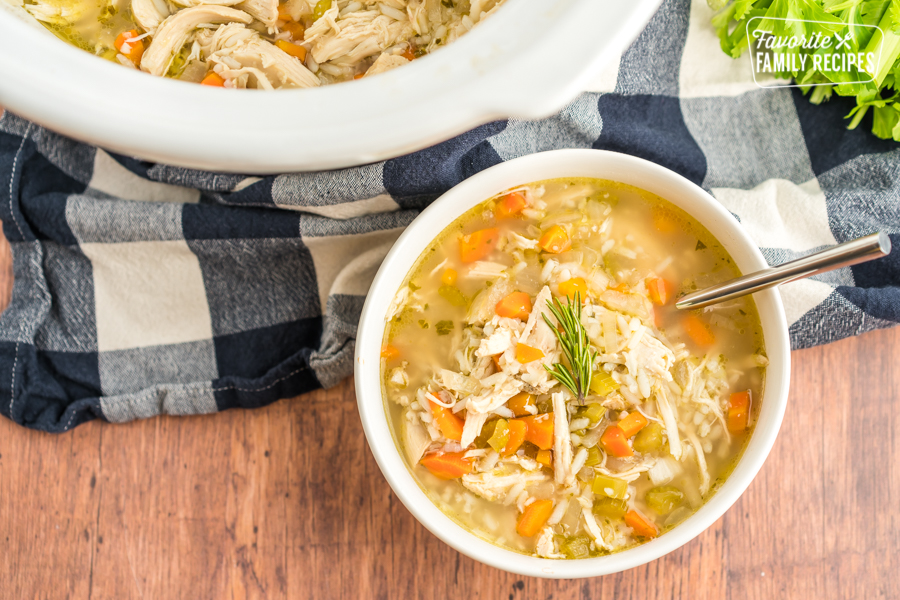 Slow Cooker Chicken and Rice Soup in a bowl.