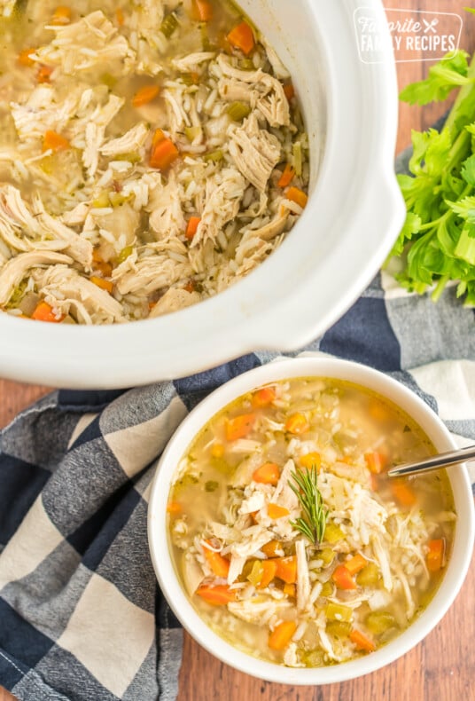 Slow Cooker Chicken and Rice Soup in a bowl