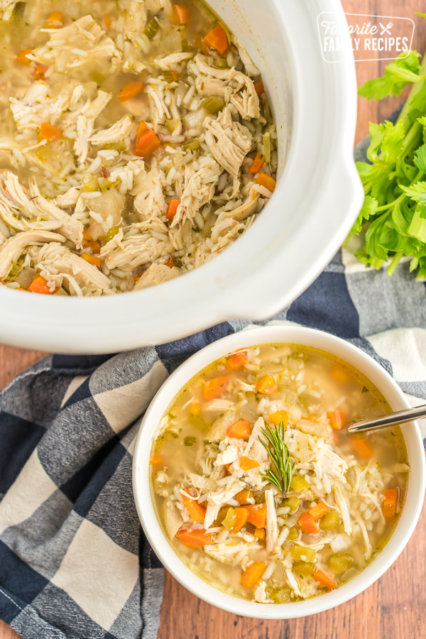 Slow Cooker Chicken and Rice Soup in a bowl