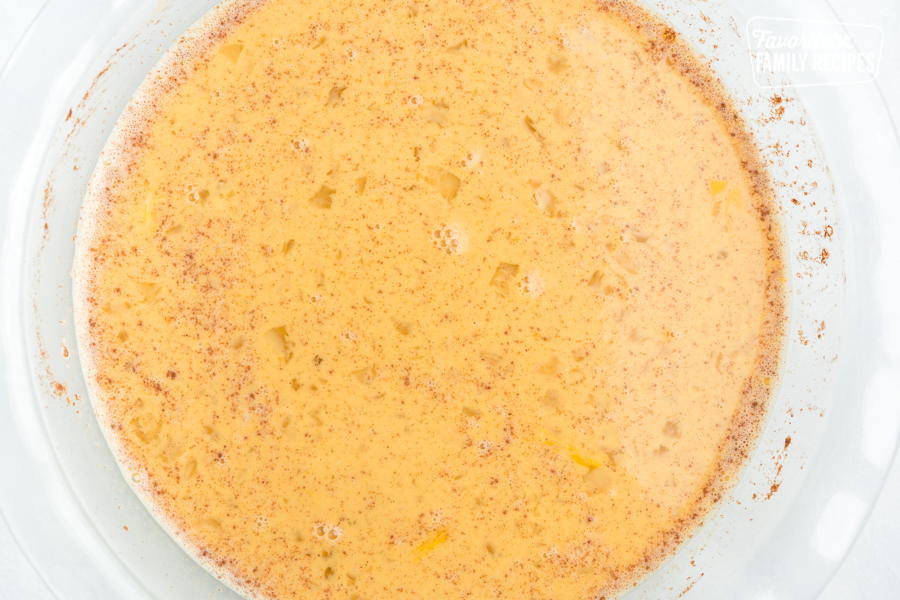 Egg mixture for French toast in a glass pie dish