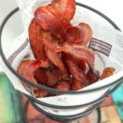 Air Fryer bacon, fully cooked, and in a decorative server