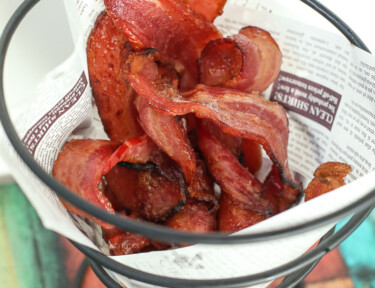 Air Fryer bacon, fully cooked, and in a decorative server