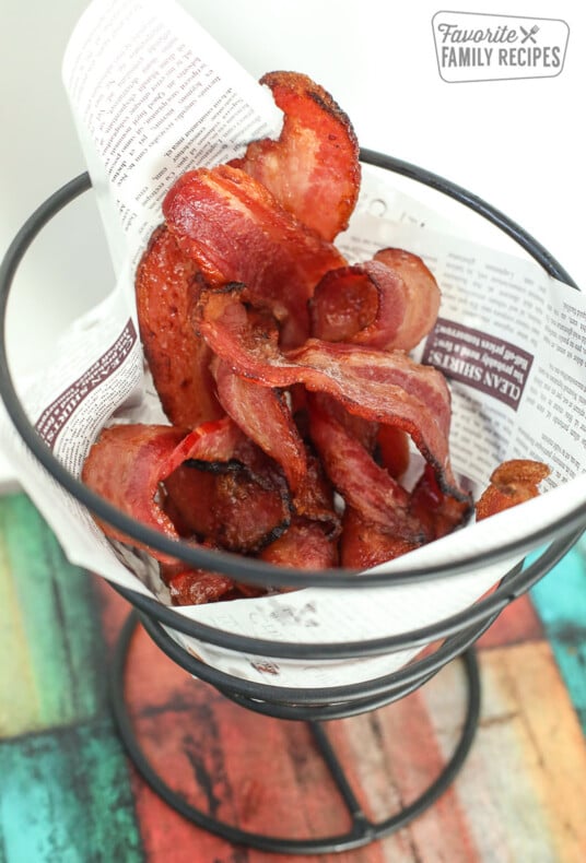 Air Fryer bacon, fully cooked, and in a decorative server