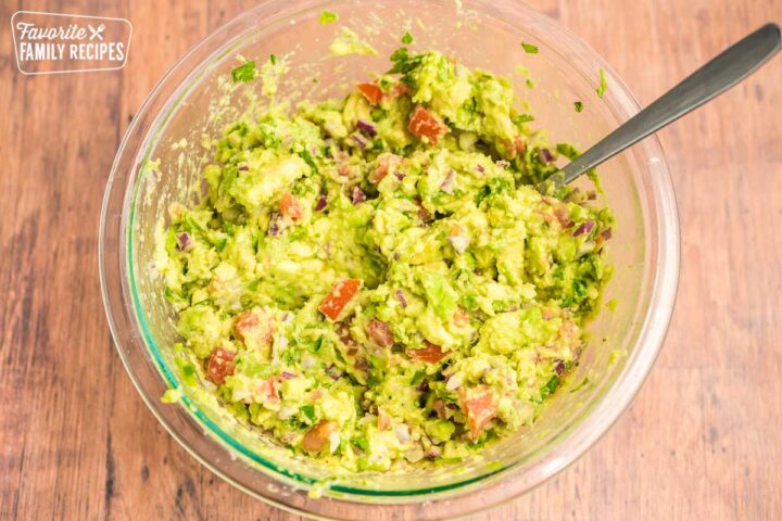 Guacamole in a large glass bowl