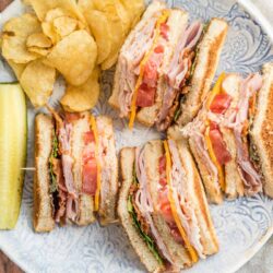 A club sandwich on a patterned plate with pickles and potato chips on the side.