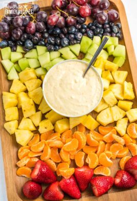 A bowl of fruit dip surrounded by fruit