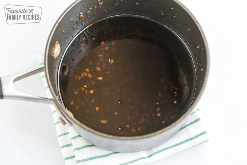 Sauce for Mongolian Beef in a black sauce pan