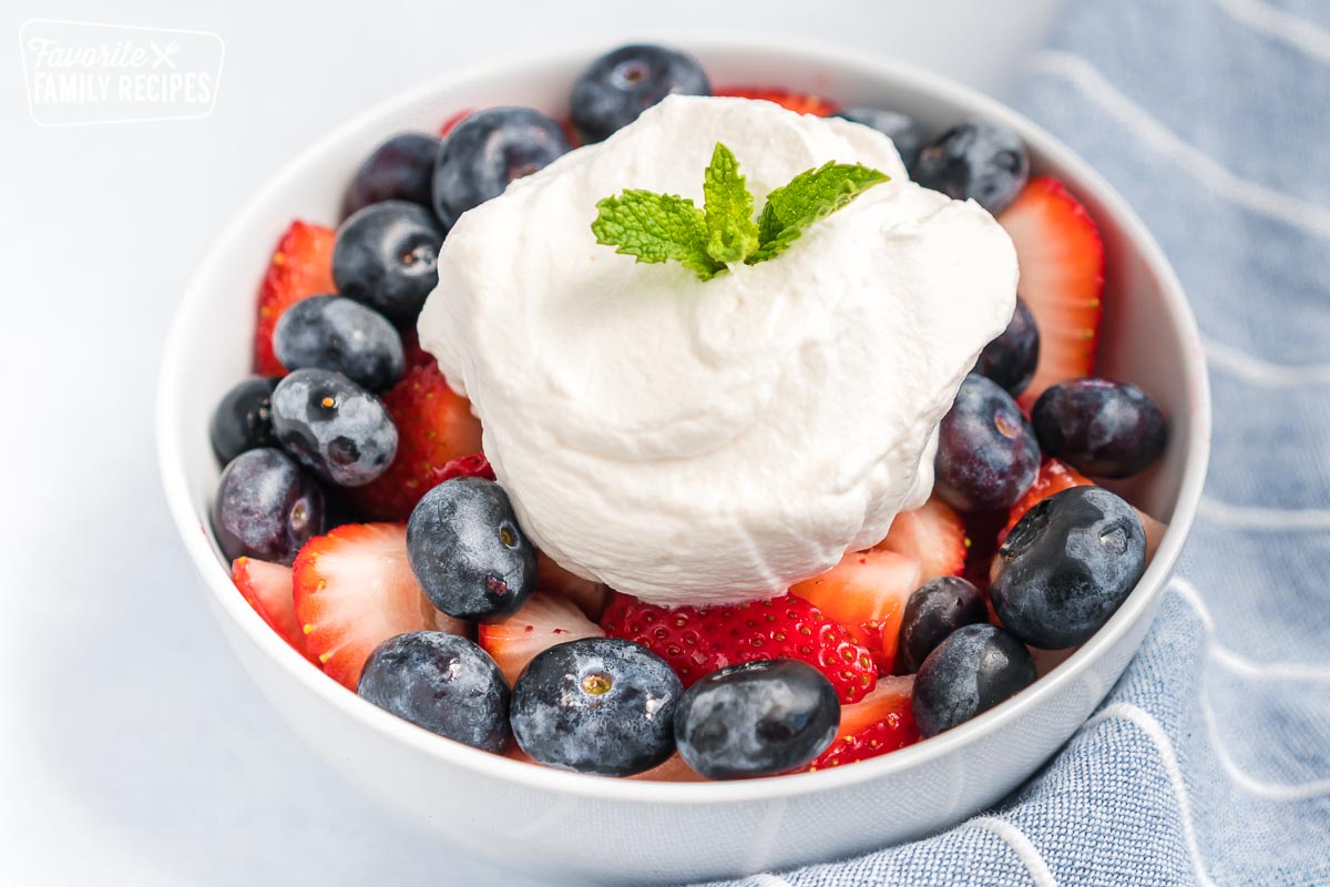 A bowl of strawberries and blueberries topped with whipped cream and a mint leaf.