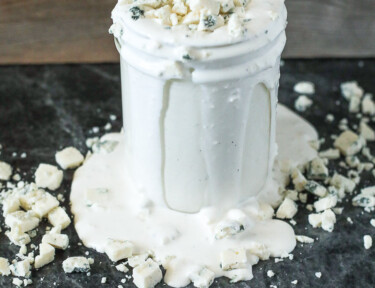 Portrait View of Blue Cheese Dressing in a Glass Jar