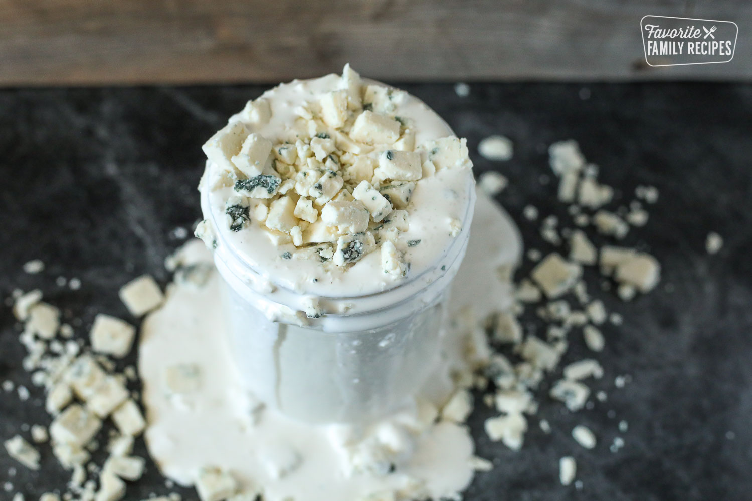 Overhead shot of Blue Cheese Dressing in a Glass Jar