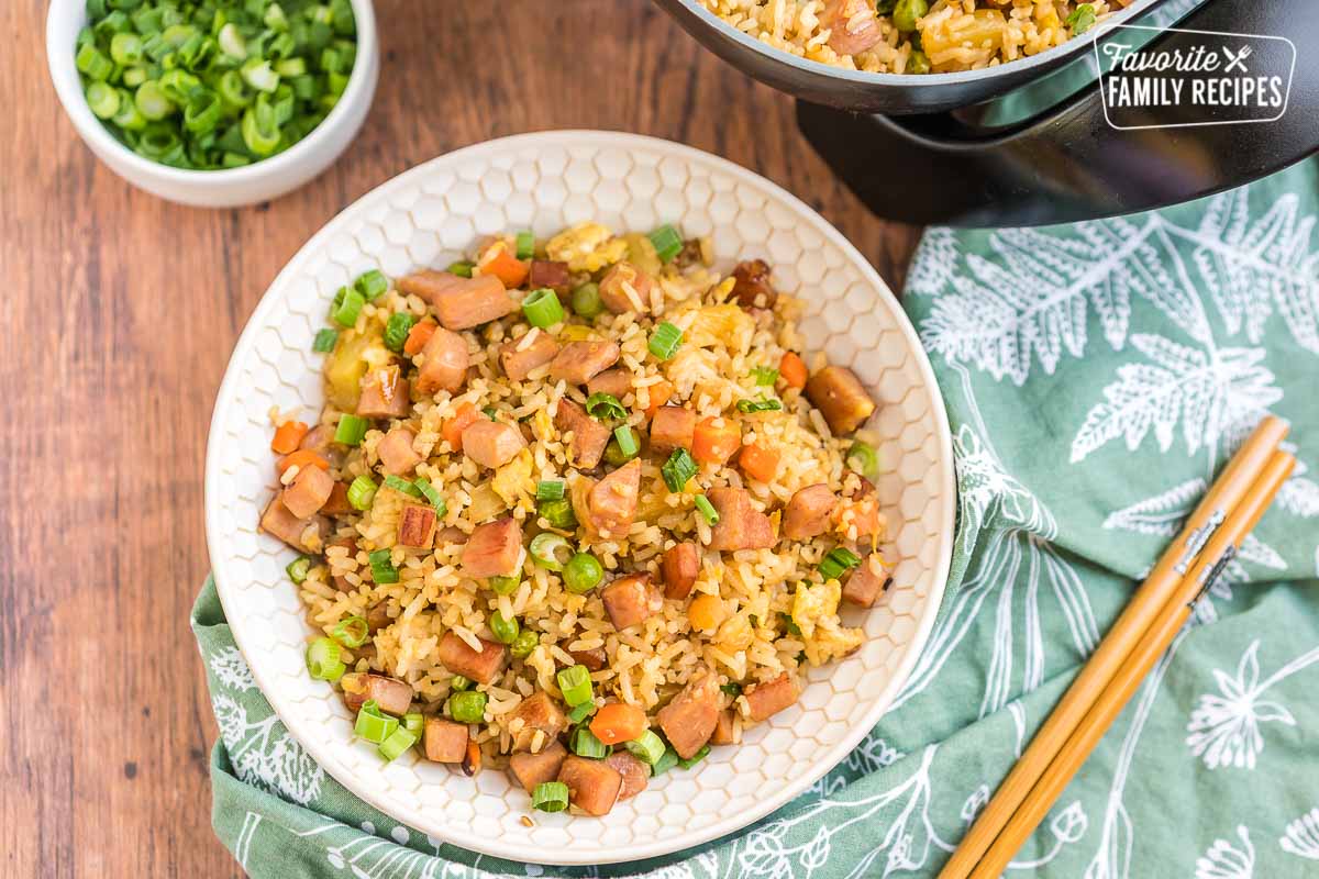 A bowl of ham fried rice. 