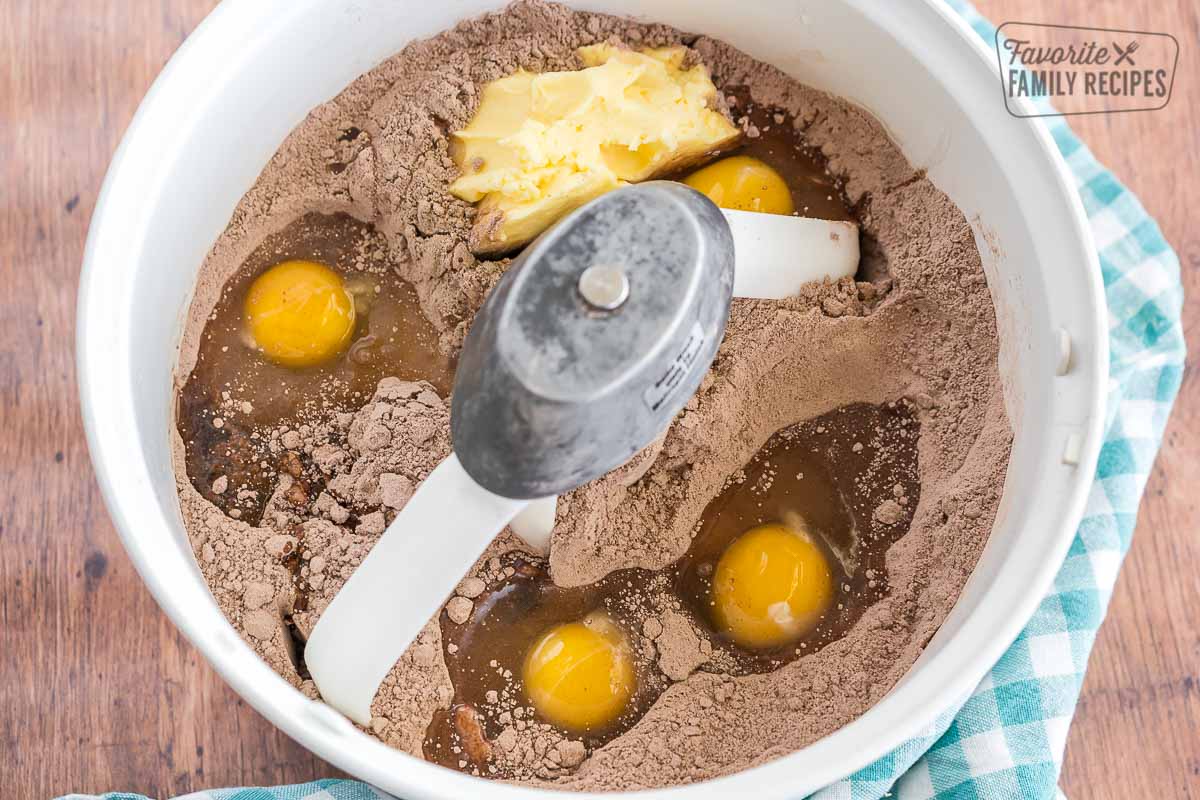 Cake mix, eggs, and shortening in a mixer bowl