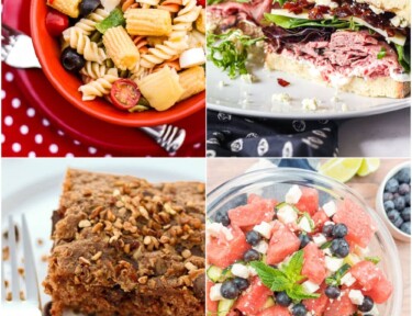 A collage of picnic food ideas - pasta, salad, sandwich, and cake