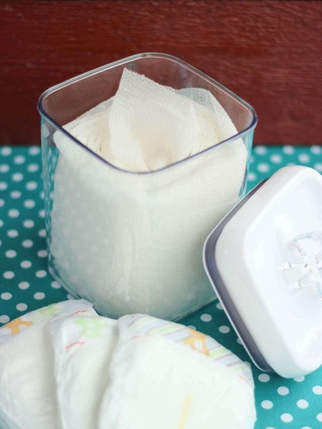 homemade baby wipes in a plastic container