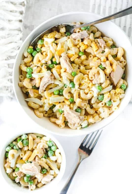Tuna macaroni salad with peas and hard boiled egg.