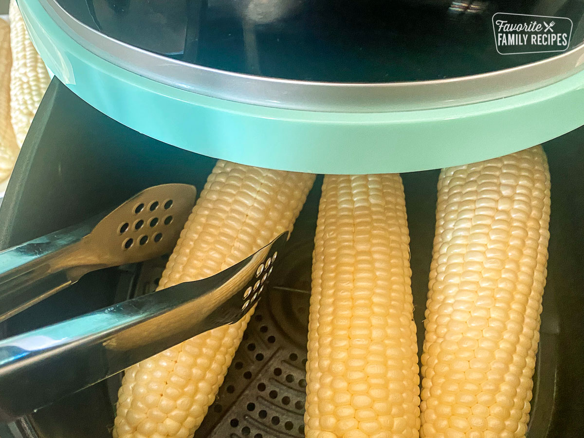 Corn on the Cob in the Air Fryer getting turned