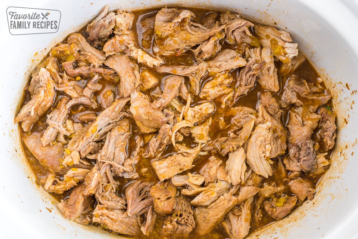 Shredded Cafe Rio Sweet Pork in a crock pot