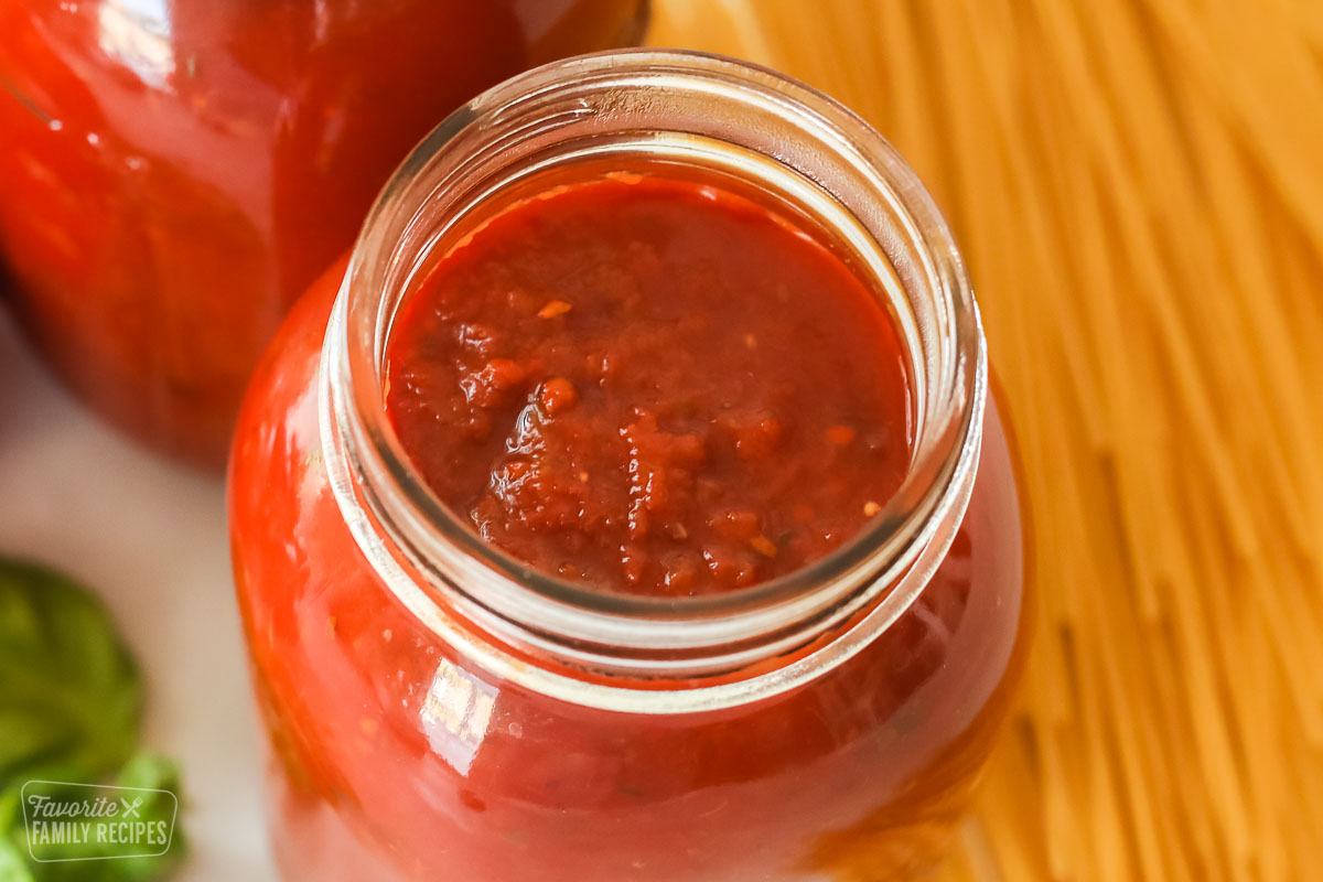 A close-up top-view of spaghetti sauce.