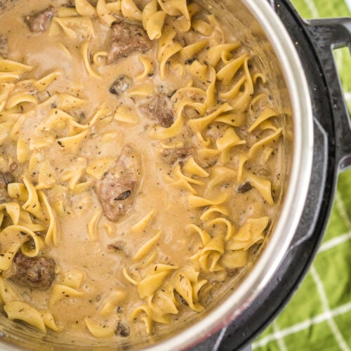 An Instant Pot filled with beef stroganoff
