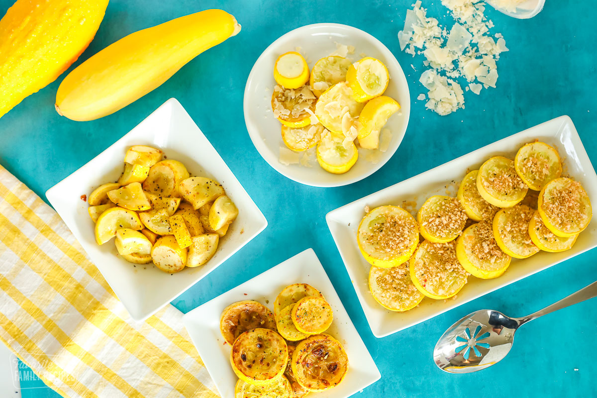 Grilled, roasted, sautéed, and air fried squash on separate plates.