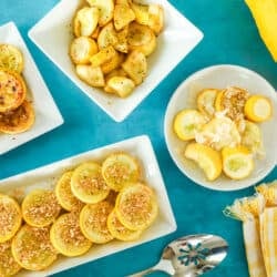 4 plates of yellow Summer squash seasoned with breadcrumbs, salt, seasoning, and parmesan cheese